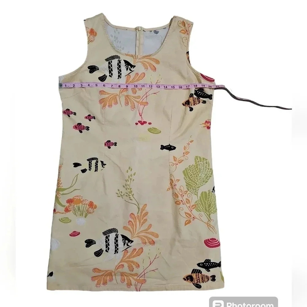 Vintage Tropical Fish Shift Dress Womens Large Yellow Sleeveless Mod Boho Beach - Picture 4 of 5